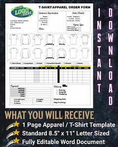 Professional Apparel T-shirt Order Form Digital Download, Editable Apparel T-shirt Order Template, Microsoft Word General Apparel Order Form - Etsy