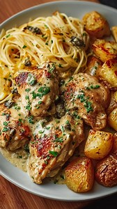 Creamy Herb Chicken with Garlic Pasta & Lemon-Roasted Potatoes 🍋🍗 Prep Time: 20 minutes Cook Time: 35 minutes Servings: 4 Calories per serving: ~680 kcal Ingredients 🛒 For the Chicken 1.3 lb boneless, skinless chicken thighs Salt & black pepper, to taste 1 tsp dried oregano 1/2 tsp chili flakes (optional) 2 garlic cloves, minced 1 tbsp olive oil 1 tbsp butter For the Creamy Herb Sauce 2 garlic cloves, finely minced 1/2 cup heavy cream 2 tbsp grated Parmesan cheese 1 tbsp chopped fresh parsley