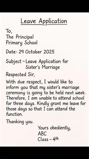 Leave Application for Sister’s Marriage Attending your sister’s wedding? Here’s a polite leave letter format you can use in school. #LeaveApplication #SistersMarriage #StudentLetter #SchoolLeave #EnglishPractice #HandwritingSkills | EduSphere Academy