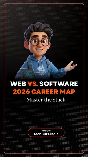 techBuzz.india on Instagram: "Web Dev vs. Software Dev: Which Side Are You On? 🌐💻 Choosing a career path in tech can be tough. Are you building the visual web or the internal engine? Here is the quick breakdown of the stacks that define these two worlds. The Breakdown: * Web Development: Focused on browser windows and mobile phone interfaces. * Core Web Stack: Uses HTML for markup, CSS for styling, and JavaScript/TypeScript for logic. * Web Backend: Powered by Node.js, PHP, Ruby (Rails), and C