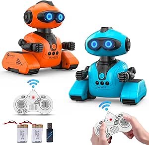 VATOS 2PCS RC Robot Toys for Kids, Rechargeable Remote Control Emo Robots with Music & Shining LED Eyes, Flexible Head & Arms, Touch Sensor, Intelligent Talking Robot Gifts for 3+ Years Old Boys Girls