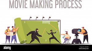 Movie making process flat cartoon composition with film director and camera operator shooting fighting actors vector illustration Stock Vector Image & Art - Alamy