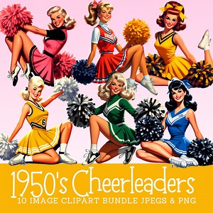 Retro Cheerleaders Clipart Bundle 1950s Cheerleaders Digital Image Download Commercial Use - Etsy