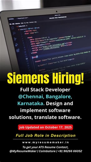 Siemens is hiring a Full Stack Developer (4–7 yrs) — Core Java, Spring Boot, AWS Lambda, Node.js, Angular. Roles based in Chennai/Bangalore. Posted Oct 17, 2025 — apply on Siemens careers. Position title: Full Stack Developer — Job ID 481480 Source (official Siemens job page): Siemens Published / Posted: 17-Oct-2025. Location: Chennai, Tamil Nadu, India and Bangalore, Karnataka, India (both locations are listed on the Siemens posting). Employment type / Mode: Full-time, permanent; Office / On-si