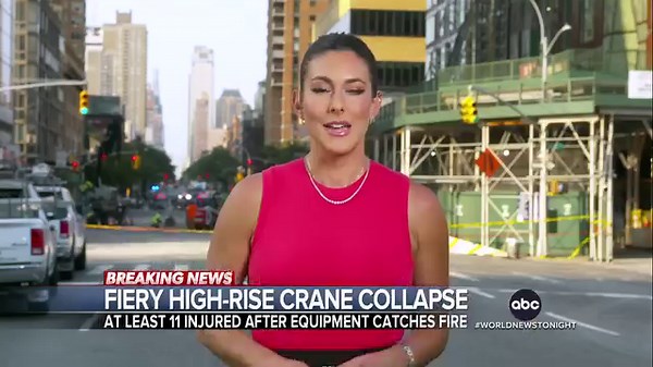 During the morning rush, a construction crane caught fire and partially collapsed off a high-rise building in the heart of Manhattan, smashing into a nearby skyscraper and injuring 11 people. Erielle Reshef has details on the crane's terrifying 45-story plunge. trib.al/YZkYNv0 | ABC World News Tonight with David Muir