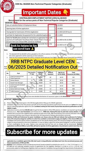 RRB NTPC Graduate Level CEN 06/2025 Detailed Notification Out 🔥#rrbntpc2025