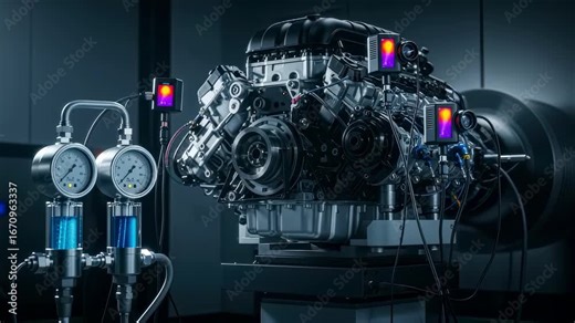 Cooling system efficiency test on a Formula One engine inside a dyno cell showing coolant flow meters and thermal imaging sensors.