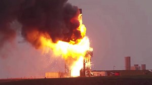 A rocket engine exploded in flames, spewing plumes of fire and smoke into the air during a test at the SaxaVord Spaceport in Scotland, which last year became Britain's first licensed vertical rocket launch site https://reut.rs/4fUC3FI | Reuters