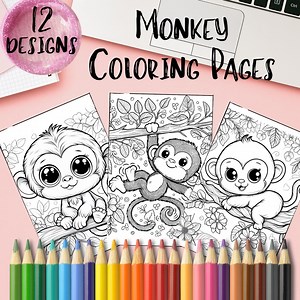 Printable Monkey Coloring Pages - Collection of 12 Cute Monkeys, Kids Coloring Sheets, Instant Download, Big-eyed Animal - Etsy