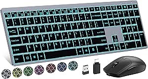 Full Size Wireless Keyboard And Mouse Combo with Backlit, Rechargeable, 2.4G Silent (with USB C Adapter) for Windows, Mac OS Desktop/Laptop/PC