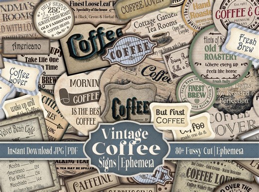 Vintage Coffee Signs Labels: Printable Coffeehouse Ephemera | Fussy Cut Pack (digital Download) - Etsy UK