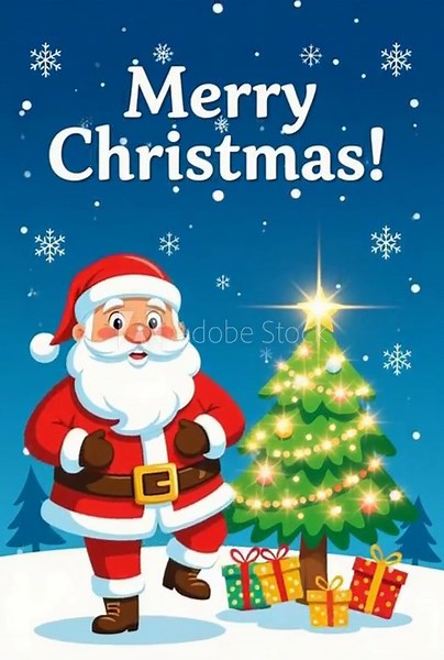 Animated Santa Claus joyfully decorating a Christmas tree with star topper, gifts underneath, spreading holiday cheer, perfect for festive greetings Stock Video