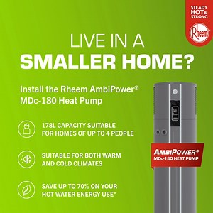 Live in a smaller household and after a quality heat pump? Look no further than the Rheem AmbiPower® MDc-180 Heat Pump, an energy-efficient hot water solution suitable for households of up to four people. Learn more here: https://blog.rheem.com.au/blog/rheem-ambipower-mdc-180-heat-pump-great-renewable-water-heating-solution-for-small-homes/ | Rheem Australia