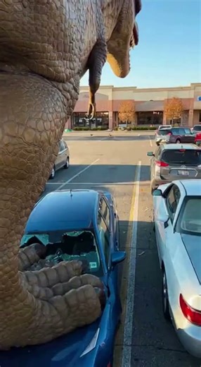 T-Rex stomping cars in the parking lot. #funny #crush #car #ai