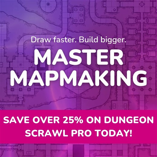 🎨 Thousands of GMs use Dungeon Scrawl to make maps - no skills required! While it's always free to scrawl, if you're ready for extra features like: - a library - autosave - PDF exports, and more... You can now save over 25% on Dungeon Scrawl Pro! https://hubs.li/Q03qXp6F0 | Roll20