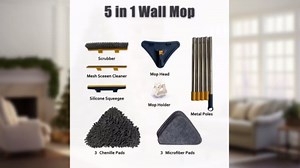 Wall Cleaner Mop with Long Handle, 5-in-1 Wall Cleaning Dust Mop with 6 Replacement Chenille Microfiber Pads, Squeegee, Scrubber, Duster Cleaning Tools for Wall, Window, Floor, Ceiling