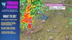 A TORNADO WARNING has been issued for the highlighted areas. Seek shelter now! -Get away from windows and go underground, if possible. Even if a tornado doesn't develop, severe storms can still cause significant damage. - Go to a basement or lowest floor, interior room (closet/bathroom) with no windows. - If on the road, NEVER hide under an overpass. Find a ditch as far away from your car as possible and cover your head. Just watch for heavy rain that may cause flash flooding. - If in a mobile h