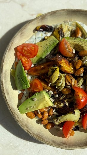 Radhi Devlukia on Instagram: "For when you want a hearty salad that still feels light fresh and springy. It’s honestly a great dinner, I added crispy tofu into this the other day too and it was perfect ✨ RECIPE INGREDIENTS 10 baby potatoes cut into quarters lengthways 1 can artichokes chopped into quarters 1 medium ripe avocado 10 cherry tomatoes chopped into quarters 1 can cannellini or white beans drained Spices Paprika Salt Pepper Olive oil Tzatziki 1 cup vegan Greek unsweetened yoghurt 1/2 c