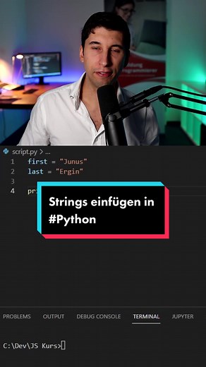 Strings einfügen in #Python #minitutorials #tutorial #it #code #coden #vscode