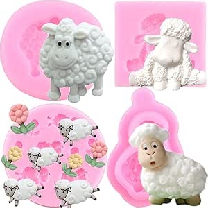 ZiXiang 3D Animal Sheep Silicone Molds Goat Flower Grass Fondant Mold For Cake Decorating Cupcake Topper Candy Chocolate Gum Paste Set of 4