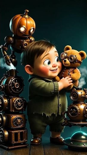 Steampunk Baby and Robot Friends | Adorable 3D Cartoon Scene