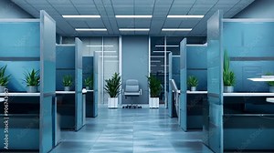 Modern Office Space with Cubicles and Computers in a Bright, Well-Lit Environment with Green Plants and Sleek Furniture