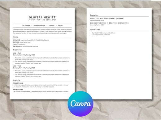 ATS Friendly Developer Resume Template | Junior Software Engineer CV | Minimal 2 Page Resume | Canva Editable - Etsy