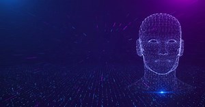 Wireframe AI Head in Digital Abstract Space Background