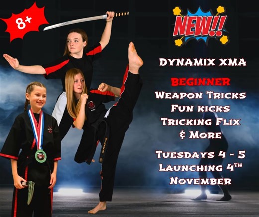 🔥 NEW CLASS LAUNCH – Dynamix XMA - FLIX, TRIX & KICKS! 🔥 Starting Monday 4th November | 4:00–5:00pm At Dynamix Martial Arts Academy, Hinckley Get ready for something totally new! 💥 Our XMA is designed for ages 8yrs and combines: 🤸 Beginner Acrobatic Skills ⚔️ Weapon Tricks 🥋 Tricking Kicks Perfect for anyone who loves martial arts, movement, or just wants to learn some seriously cool new skills! ✅ Build strength, balance & confidence ✅ Learn safe beginner acrobatics ✅ Develop creativity thr