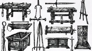 A detailed illustration of medieval torture devices, including a rack, a ducking stool, and a pillory