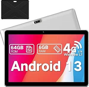 Android Tablet 10.1 inch, 2025 Cellular Tablets with SIM Card Slot, 4G LTE Tablet & Phone(Makes Calls), 64GB Storage (Expandable to 1TB),1280x800 IPS, Dual Cameras 8H Battery 5G Wifi with Case(Silver)