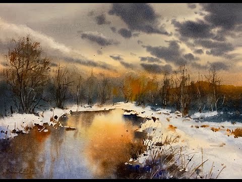 How to paint winter scene in watercolor painting demo by javid tabatabaei