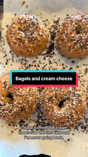 Never going back to store bought cream cheese 🥯 BAGELS: - 2 teaspoons instant yeast (I use SAF) - 1 1/4 cup water - 3 1/2 cup or 440 grams of bread flour (optional: I subbed 1/3 of the weight with whole wheat flour) - 1 1/2 teaspoon salt - 1 teaspoon diastatic malt powder - Baking soda - Everything mix Mix flour, yeast, malt powder and salt together in a bowl. Stir until it comes together and pour onto a floured surface and knead for about 10 mins. Add flour if the dough is too tacky. It should