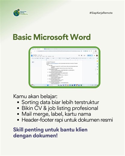 Remote Skills Academy on Instagram: "Belajar data entry dari nol? Mulai dari yang gratis dulu dong! 📄 Basic Word & 📊 Basic Excel — dua skill wajib biar kerjaanmu makin cepat & profesional. Setelah itu, kamu bisa lanjut ke: 🎯 Data Entry Mastery Pack ✅ Belajar skill lanjutan ✅ Kerjain studi kasus ala klien luar ✅ Bangun portofolio & cari klien global 💬 Komen “Mastery” buat link-nya! atau langsung klik link di bio."