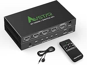 8K 60Hz HDMI 2.1 Switch 4x1 4K 120Hz 48Gbps,HDCP 2.3,ARC,VRR,CEC,HDMI Switcher 4 in 1 Out,4 Port HDMI Selector,IR Remote,3D,HDR 10,Dolby Atmos,for QLED TV,PS5,Xbox,Fire Stick,Roku,Blu Ray,Projector