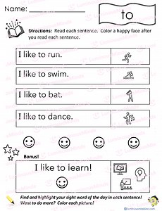 Reading Comprehension Worksheets - Reading with Sight Word: to