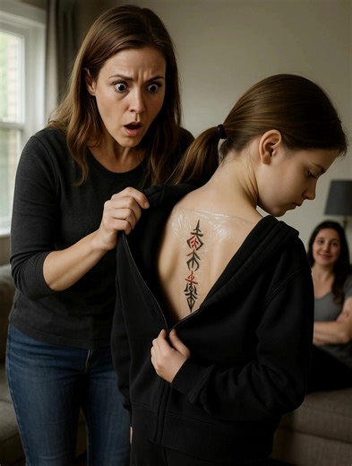 Als ich die Zeichen auf dem Rücken meiner Tochter sah, hielt ich es zuerst für einen Scherz. Doch als ich ihre Jacke hochzog… lief mir das Blut in den Adern kalt. 😨 Es sollte ein ganz normaler Sonntag sein, nichts Besonderes – nur Emma, die von einem Wochenende bei ihrem Vater zurückkehrte. Kaum war sie draußen, fiel mir sofort ihr Kapuzenpullover auf, bis oben hin geschlossen, bei über 32 °C. Ihre Hände zitterten leicht, und ihre Augen – groß, nervös, zwischen mir, ihrem Vater und der Frau hin