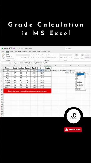Grade Calculation Formula in Excel | IF Function Explained #excelshorts #gradecalculation