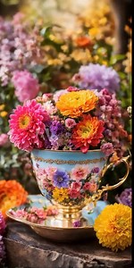 tea cup, flowers, floral arrangement, teacup filled with flowers, aesthetic composition, botanical beauty, still life, tabletop view, delicate florals, elegant tea setting, floral background, cup of