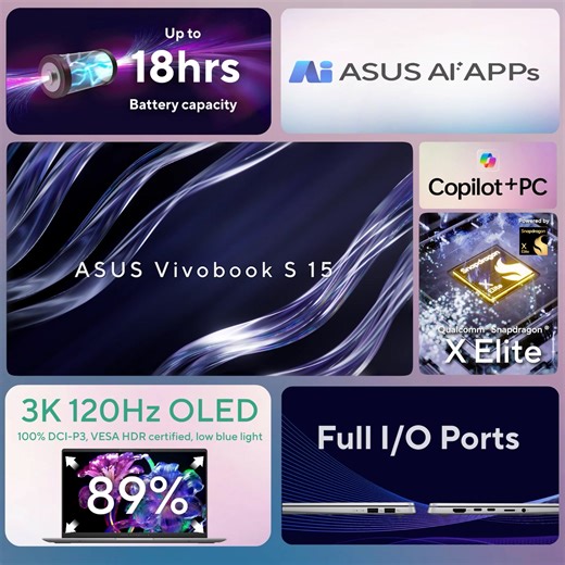 450 reactions · 15 comments | Looking for a laptop that’s as efficient as you are? The ASUS Vivobook S 15 (S5507), featuring SnapdragonX Elite, 18-hour AI-driven performance, and a full array of I/O ports, is built to handle any task. With a 3K OLED display and Copilot key for instant AI assistance, it's all packed into a 1.42kg all-metal body. Learn more now: https://bd.asus.click/irc0zq | ASUS | Facebook