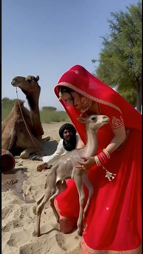The Newlywed Bride Gently Held the Newborn Camel in the Desert Wilderness #desertlife #animals