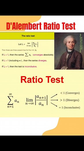 D'Alembert's Ratio Test of Convergence of Series: The d'Alembert ratio test was established by mathematician Jean le Rond d'Alembert in 1768 to test the convergence of an infinite series. The test involves taking the limit of the ratio of consecutive terms in a series; if this limit is less than 1, the series converges, and if it is greater than 1, it diverges. #maths #usa #italia #germany #india #Pakistan #belgium #italy #canada #mexico #argentina #brasil #California #Texas #Florida #NewYork #P