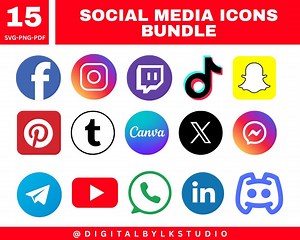 Social Media Icon SVG Bundle | 15 Colorful Social Logos | Cricut & Digital Use | Facebook, Instagram, Tiktok PNG SVG | Instant Download - Etsy