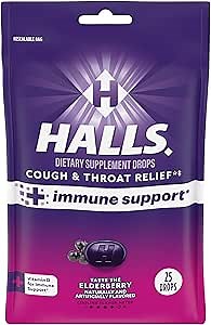 HALLS Cough and Throat Relief + Immune Support, Elderberry Flavor Cough Drops, 25 Drops