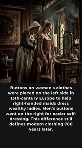 In medieval Europe, the invention of the buttonhole transformed fashion forever. While decorative buttons had existed since ancient times, the 13th century brought a revolutionary change functional buttons with holes that could actually fasten clothing. This innovation sparked a fascinating tradition that influences our clothes to this day. As servants (who were mostly right-handed) helped dress wealthy women, they found it easier to fasten buttons that were placed on the left side of garments. 