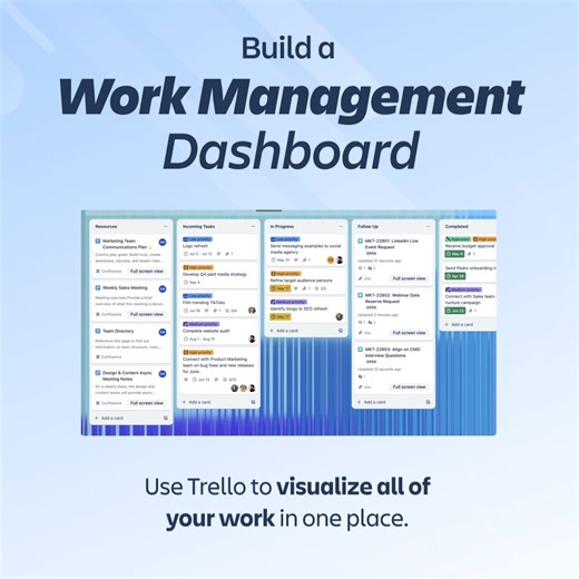 12 reactions · 13 comments | This Work Management dashboard can be used to manage multiple projects at a glance! Learn how to build it using Confluence and Trello ️ | Trello | Facebook