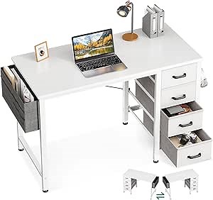 Casaottima 32-Inch Small Computer Desk with 4 Fabric Drawers, Storage, Side Hook and Cloth Bag, Kids Desk Study/Work Table for Bedroom and Small Space, White