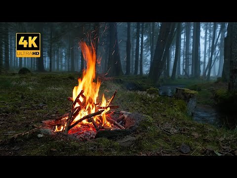 4K 📺 Campfire in foggy Forest by the River 🔥 100% Authentic Sounds