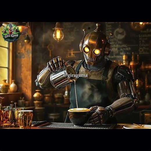 Steampunk Sips: A Retro Robot Barista Mastering Latte Art