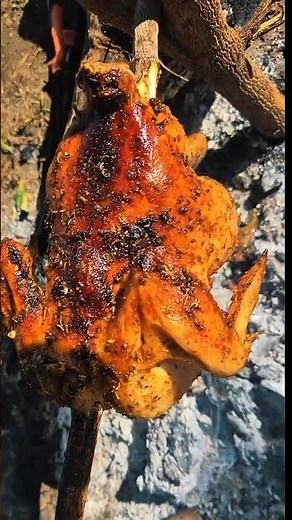 Roasting a whole chicken over open fire